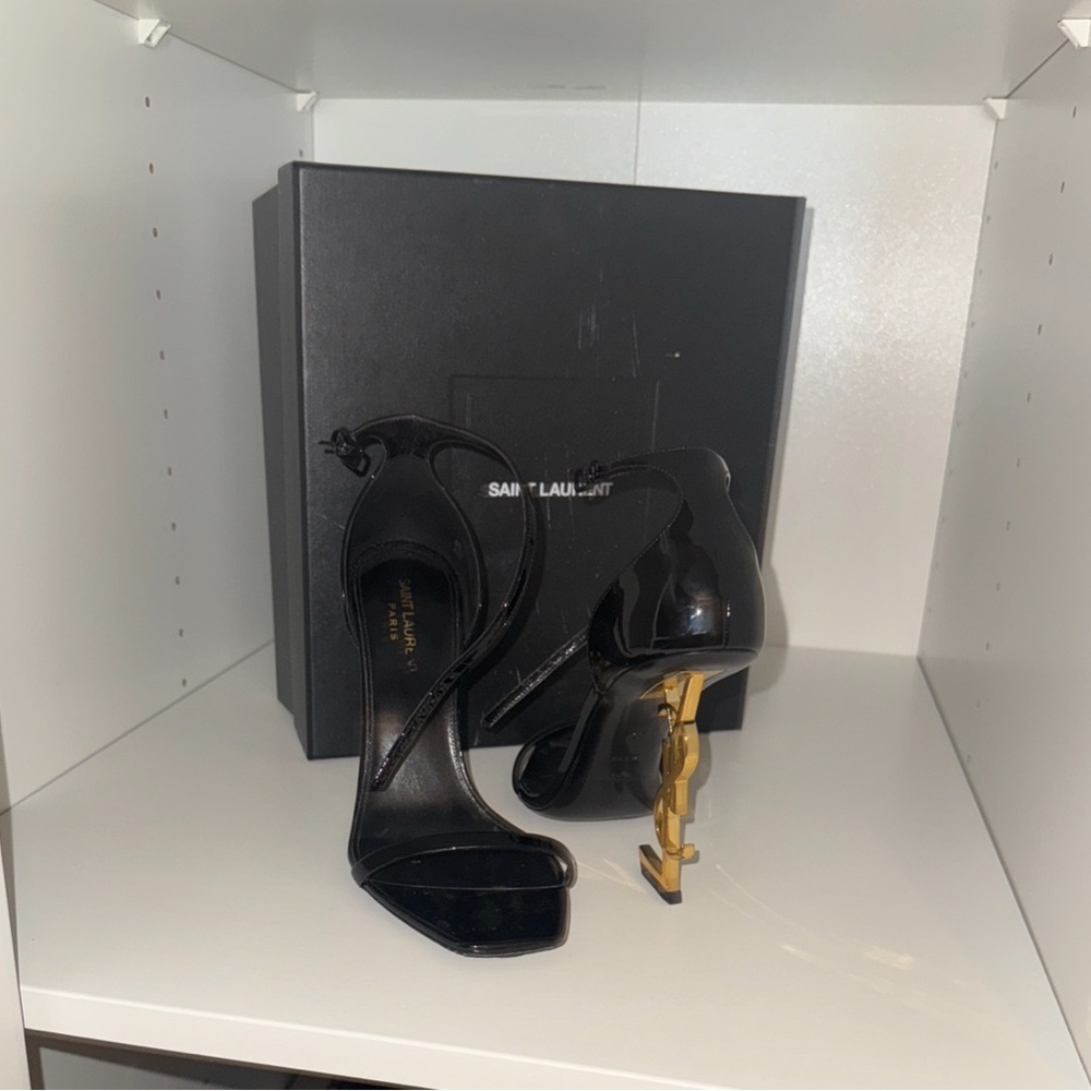 Saint Laurent Black Patent Leather Stiletto Sandals with Gold YSL Heel